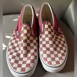 Women’s size 10.5 Vans classic checkerboard slip on in color rhododendron red.
